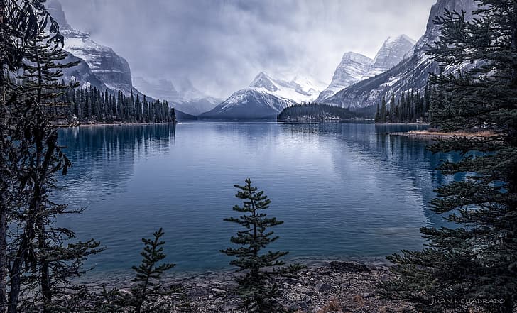 雪, 木, 風景, 山, 自然, 湖, 食べた, カナダ, アルバート, ジャスパー, 森林, 国立公園, マリーン湖、 HDデスクトップの壁紙