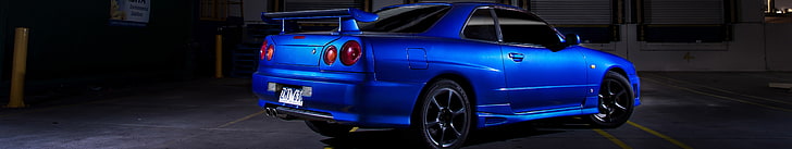 biru Nissan Skylin GTR R-34 coupe, mobil, tiga layar, Skyline R34, Nissan Skyline GT-R, mobil biru, Wallpaper HD