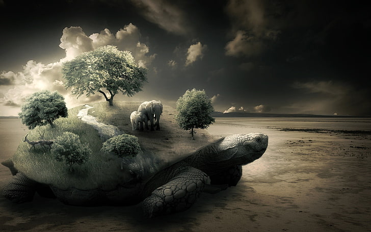 árboles grises y negros en tortuga, tortuga, elefante, naturaleza, arte digital, Fondo de pantalla HD