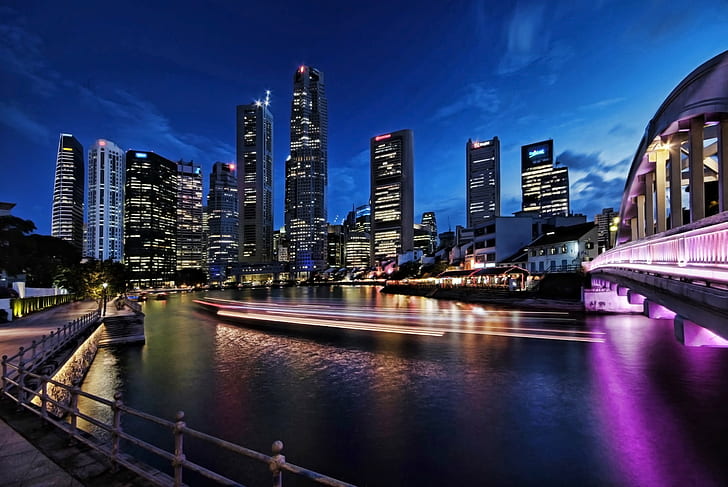 Замедленная съемка городских высотных зданий в ночное время, Размышления, Река Сингапур, Замедленная съемка, Городские высотные здания, Высотные здания, Ночное время, Скайлайн, Набережная, Прогулка, речной катер, цвета, синий час, Flickr, estrellas, fuji,пейзажи, городской пейзаж, мост Элгина, ночь, архитектура, городской горизонт, городская сцена, отражение, известное место, экстерьер здания, построенная структура, сумерки, город, центр города, современный, HD обои