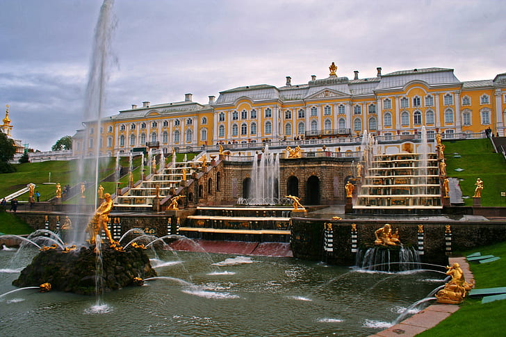 buildings, fountains, peterhof, russia, saint-petersburg, HD wallpaper