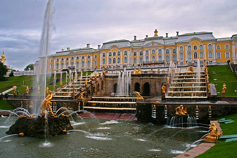 сгради, фонтани, Петергоф, Русия, Санкт Петербург, HD тапет HD wallpaper