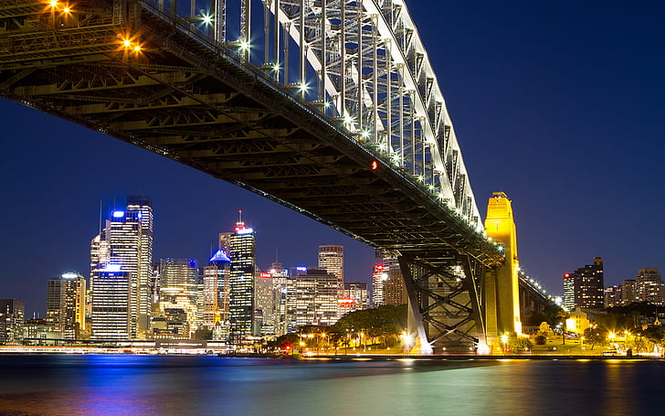 Сиднейский мост, ночные огни, здания, небоскребы, река HD, ночь, здания, городской пейзаж, небоскребы, мост, река, огни, Сидней, HD обои