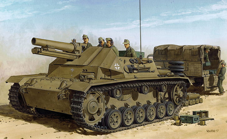 예술, SAU, Pz.Kpfw.III, 제 2 차 세계 대전, WW2, Wehrmacht, DAK, 독일 아프리카 Korps, on, 섀시, (Sf), 15cm sIG 33, HD 배경 화면