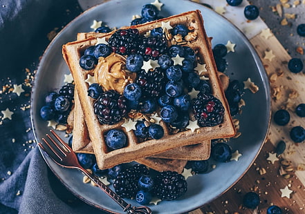 Food, Waffle, Berry, Blackberry, Blueberry, Breakfast, Fruit, HD wallpaper HD wallpaper