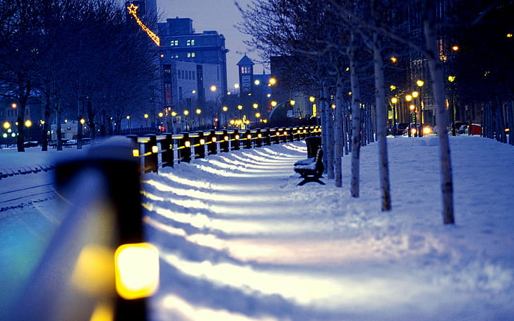 Notte d'inverno strada, città, notte, strada, inverno, neve, panchine, luci, Sfondo HD