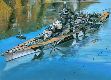 черно-серый линкор, рисунок, корабль, арт, тирпиц, линкор, HD обои HD wallpaper