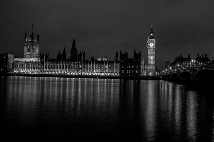 silhouette photo of Big Ben in London, silhouette, photo, Big Ben, london  river, river  thames, thames  bridge, parliament, big  ben, westminster, house, commons, water, long  exposure, black  white, blackandwhite, england, light, sky, clouds, south  bank, london - England, thames River, houses Of Parliament - London, uK, city Of Westminster, river, famous Place, bridge - Man Made Structure, architecture, HD wallpaper