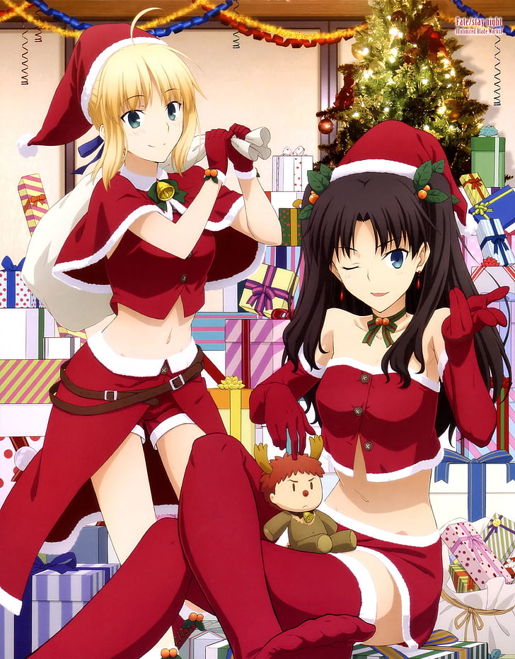 Anime Girls, christmas, Fate, Fate Series, Saber, Stay Night, Tohsaka Rin, วอลล์เปเปอร์ HD, วอลเปเปอร์โทรศัพท์