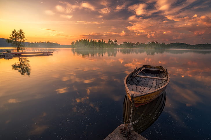 trees, lake, reflection, sunrise, dawn, boat, calm, morning, Norway, RINGERIKE, HD wallpaper