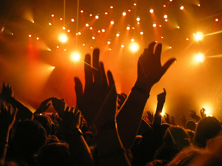Concert de musique, EDM, lumières orange, personnes, festivals, personnes dans la salle sous la lumière led jaune, concert de musique, edm, lumières orange, personnes, festivals, Fond d'écran HD