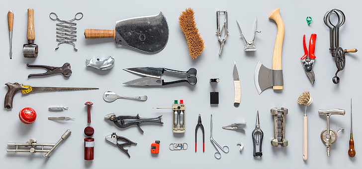 assorted industrial hand tools, knife, tool, axe, saw, scissors, set, stand, utensils, HD wallpaper