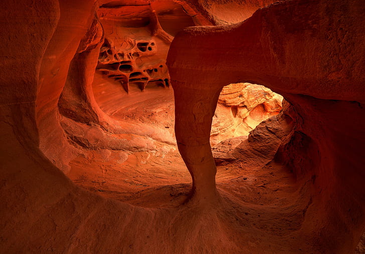природа, пещера, камни, аннотация, скала, долина, Невада, США, песок, апельсин, HD обои