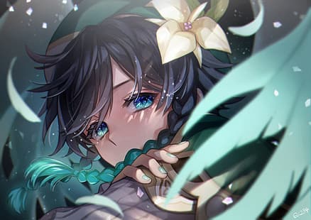 Anime, Anime Girls, Genshin Impact, Venti (Genshin Impact), blaue Augen, dunkles Haar, Blume im Haar, Blütenblätter, grüne Nägel, Blick auf den Betrachter, Flügel, Hut, HD-Hintergrundbild HD wallpaper