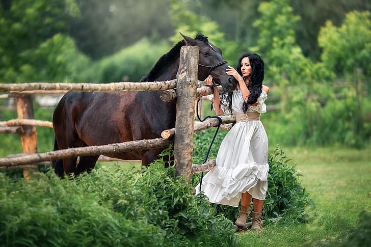 summer, girl, nature, animal, horse, dress, brunette, curls, fence, Anastasia Barmina, HD wallpaper