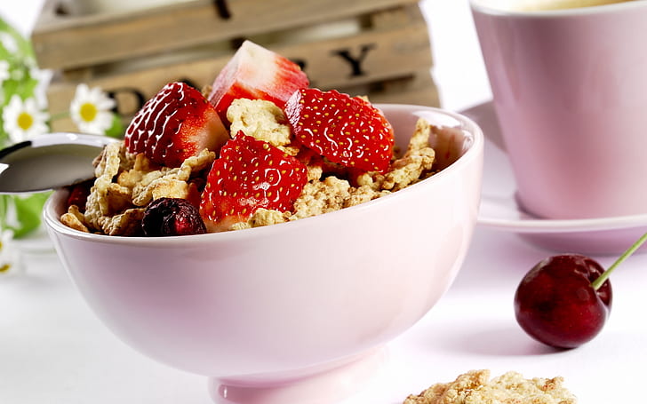 strawberry, flakes, breakfast, cherry, HD wallpaper