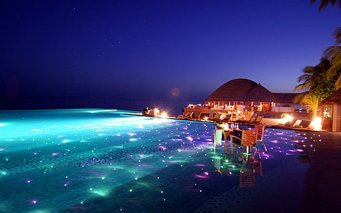 corpo d'acqua e sedie, acqua, spiaggia, cielo, Maldive, incandescente, piscina, hotel, capanna, sedia, ciano, sera, Sfondo HD HD wallpaper
