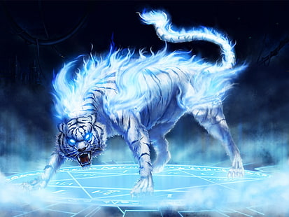 white tiger wallpaper, blue, tiger, fire, HD wallpaper HD wallpaper