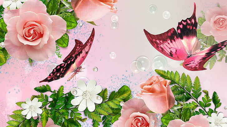 愛情のあるピンク、ピンクと白の花びらの花、花、ピンク、バラ、シダ、泡、パピヨン、フルール、蝶、春、真珠、夏、お尻、 HDデスクトップの壁紙