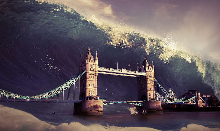 apocalypse, background, bridge, flood, london, setting, tower, wave, HD wallpaper
