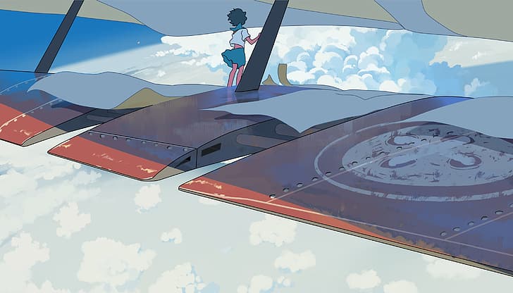 gadis anime, kapal udara, terbang, rambut pendek, seragam sekolah, berangin, sayap pesawat, Wallpaper HD