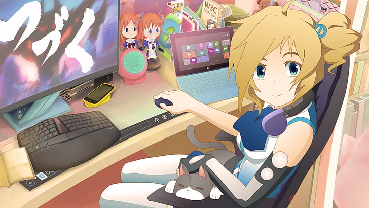 female anime character sit on chair in front of computer wallpaper, Aizawa Inori , Internet Explorer, anime, anime girls, computer, keyboards, sitting, cat, animals, blonde, monitor, computer mouse, HD wallpaper