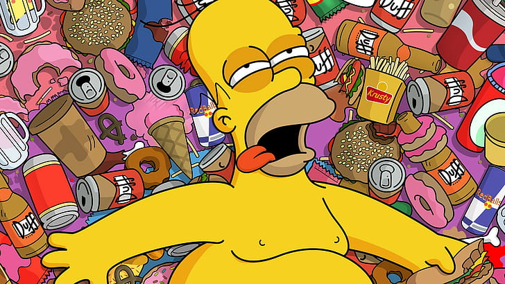 The Simpsons Homer Junk Food HD, cartoon/comic, the, food, simpsons, homer, junk, HD wallpaper