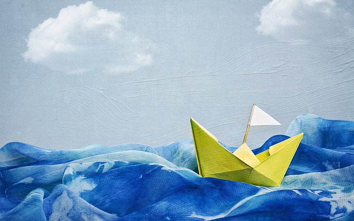 paper boats, painting, sea, waves, flag, artwork, HD wallpaper