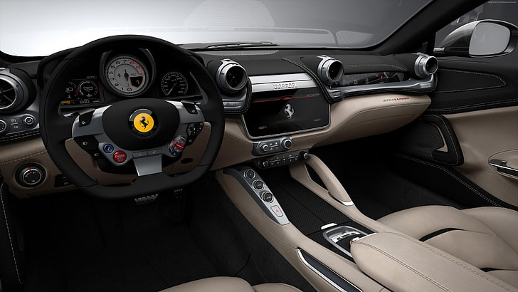 Ferrari GTC4Lusso, Salone Internazionale dell'Automobile di Ginevra 2016, auto sportiva, interni, Sfondo HD