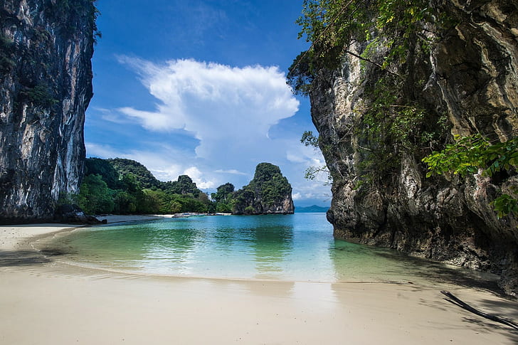 paisaje, Edén, mar, playa, isla, roca, tropical, Tailandia, blanco, barco, naturaleza, arena, acantilado, Fondo de pantalla HD