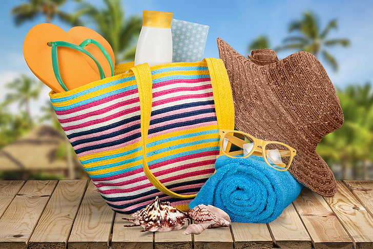 beach, summer, stay, towel, hat, glasses, bag, vacation, sun, sand, slates, starfish, accessories, HD wallpaper