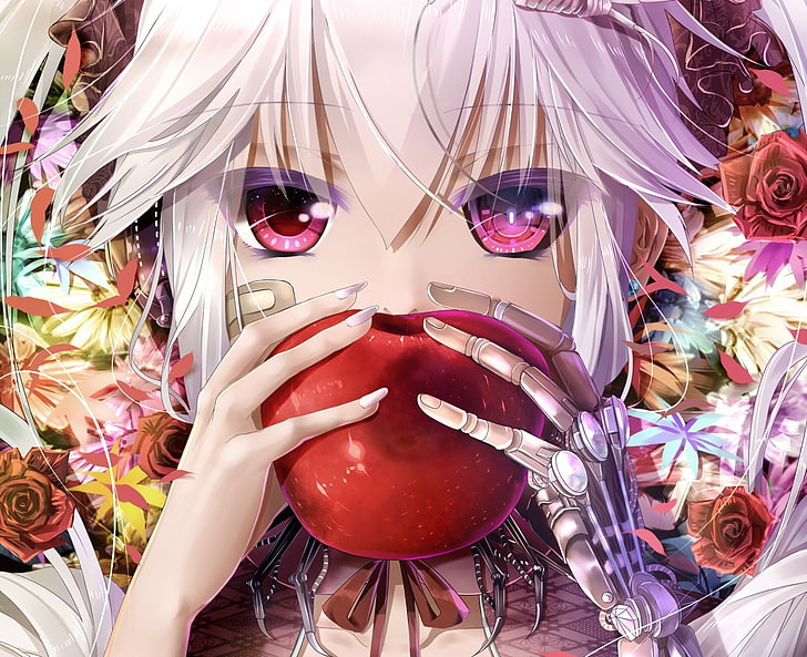 Vocaloid, Hatsune Miku, jabłka, kwiaty, roboty, dziewczyny z anime, Tapety HD