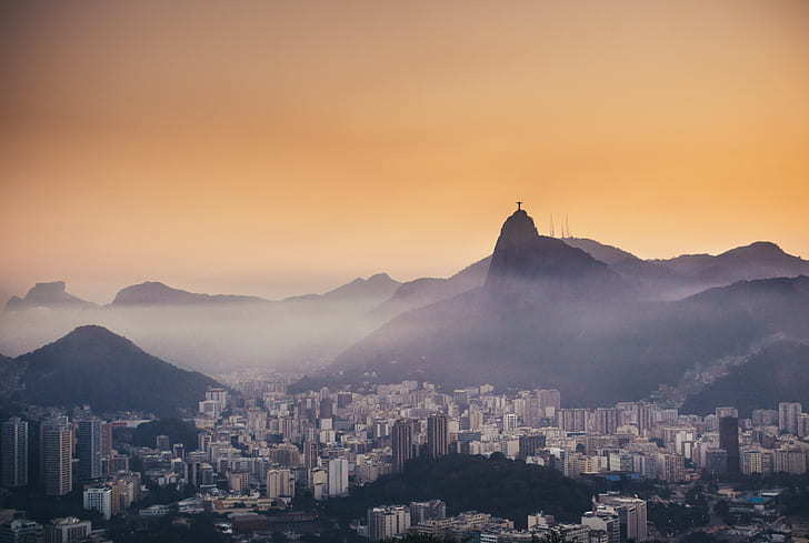 Rio de Janeiro, Chrystus Odkupiciel, mgła, miasto, pejzaż, Tapety HD
