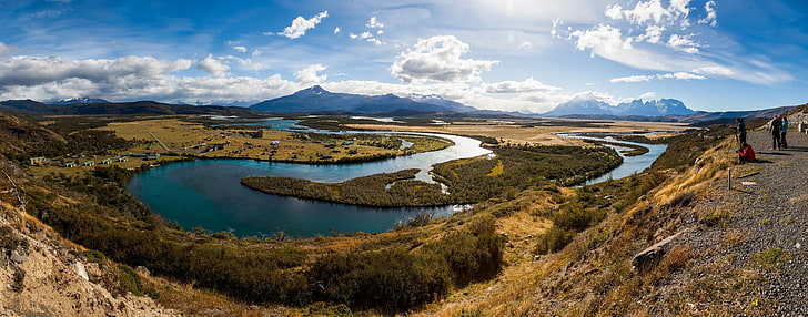 nature, landscape, photography, panoramas, river, mountains, clouds, village, shrubs, people, photographer, Patagonia, Chile, HD wallpaper