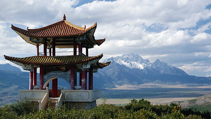 landscape, pavilion, China, yunnan (china), mountains, HD wallpaper