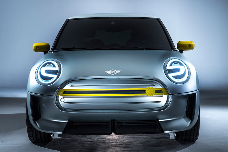 silver and yellow Mini Cooper, MINI Electric Concept, Frankfurt Motor Show, 2017, HD, HD wallpaper
