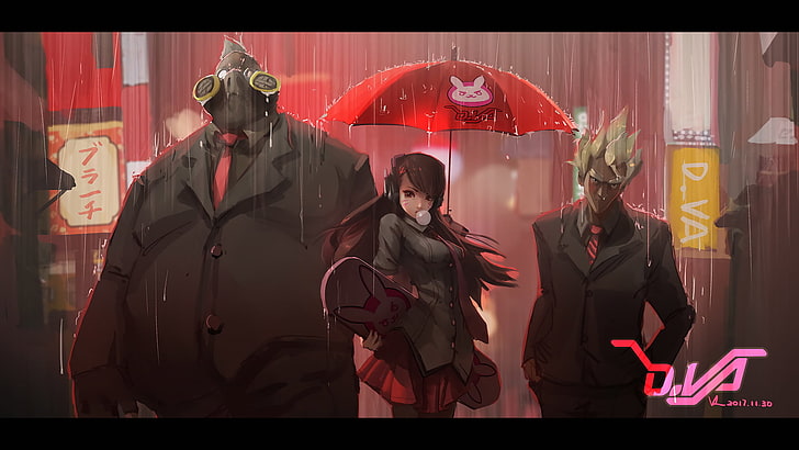 Ova anime wallpaper, Junkrat (Overwatch), Overwatch, D.Va (Overwatch), Roadhog (Overwatch), suits, rain, HD wallpaper
