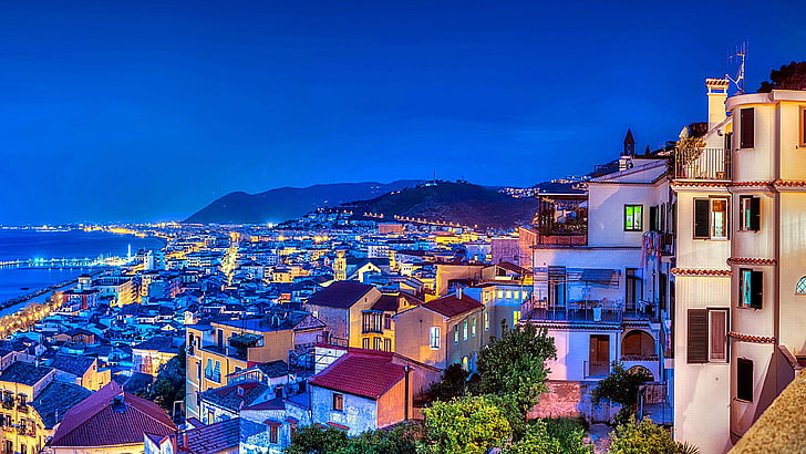 amalfi, крайбрежие, залив на Салерно, кампания, градски пейзаж, градски светлини, зашеметяващ, небе, HD тапет