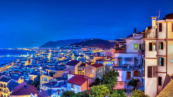 amalfi, costa, golfo de salerno, campania, paisaje urbano, luces de la ciudad, impresionante, cielo, Fondo de pantalla HD HD wallpaper