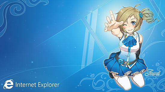 Aizawa Inori, Internet Explorer, animeflickor, anime, knäböjande, blå, blå bakgrund, former, HD tapet HD wallpaper