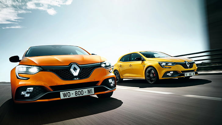two orange-and-yellow Renault Clio hatchbacks, Renault Megane RS, 2018 Cars, 4k, HD wallpaper