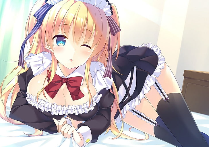 anime girls, blonde, maid outfit, thigh-highs, blue eyes, HD wallpaper