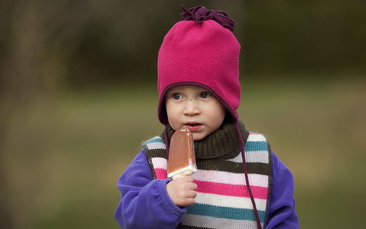 toddler's white, black, red, and purple striped long-sleeved top, child, ice cream, ice-cream, childhood, HD wallpaper
