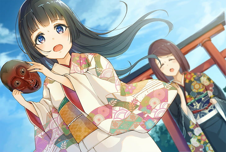 anime, kimono, gadis anime, topeng, karakter asli, Wallpaper HD