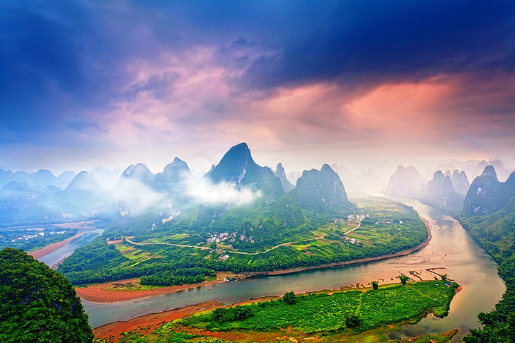 nature, landscape, mist, mountains, river, clouds, Guilin, China, village, field, road, morning, sky, HD wallpaper