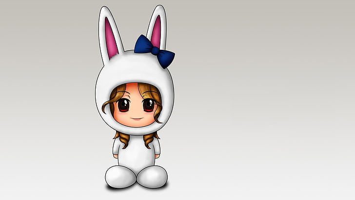 girl in white rabbit costume illustration, holiday, minimalism, anime, costume, girl, Bunny, bow, baby, ears, children's, for children, black, HD wallpaper