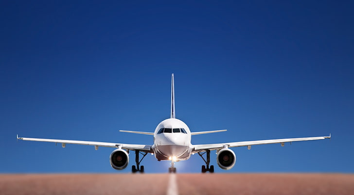 Avião decolar, avião branco, motores, avião, avião, aeroporto, céu azul, HD papel de parede