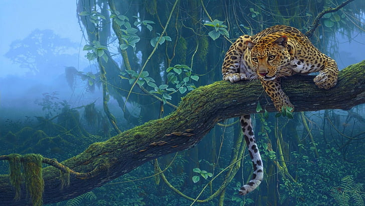 Котки, леопард, животно, артистичен, голяма котка, клон, котка, мъгла, гора, ягуар, джунгла, дъждовна гора, HD тапет