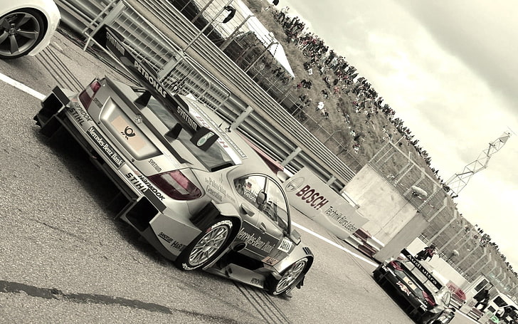 gray car, dtm, motorsport, audi, race, black white, track, mercedes, HD wallpaper
