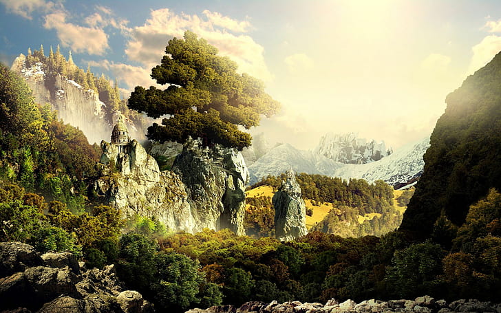 Landscape HD, mountain range game scene, fantasy, landscape, HD wallpaper